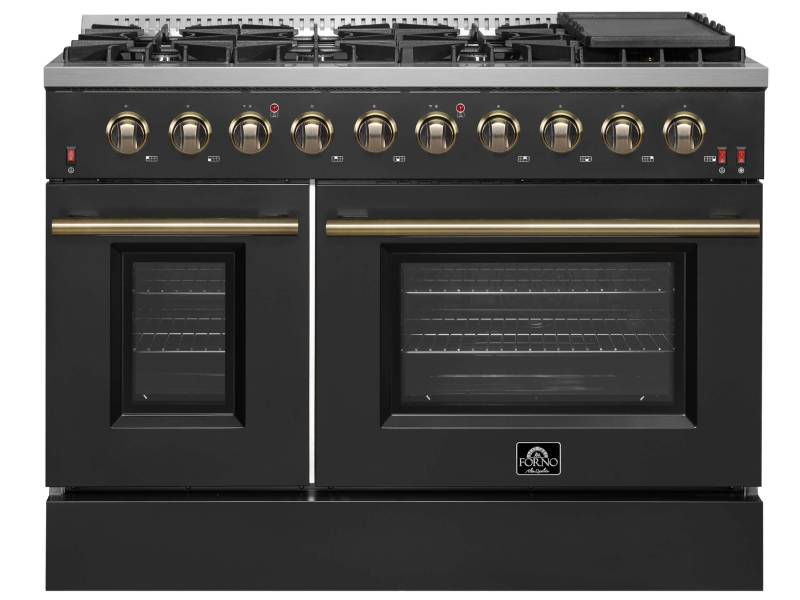 48" Forno Galiano Gas Range 8 Burners Griddle 6.58 cu.ft. Double Ovens - FFSGS6244-48BLK