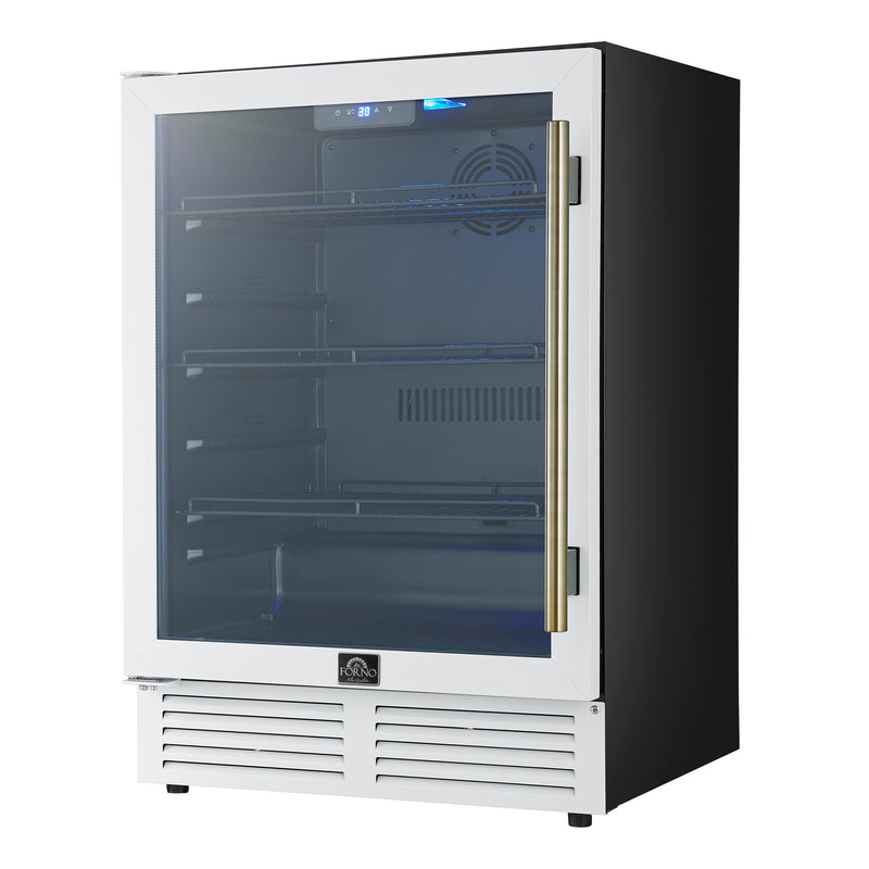 24" Forno Frescolino Beverage Cooler in White with Antique Brass Handles with LED Lighting and Triple Glass Door - FWCDR6665-24WHT