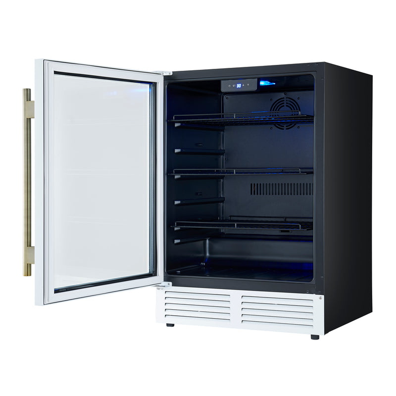 24" Forno Frescolino Beverage Cooler in White with Antique Brass Handles with LED Lighting and Triple Glass Door - FWCDR6665-24WHT
