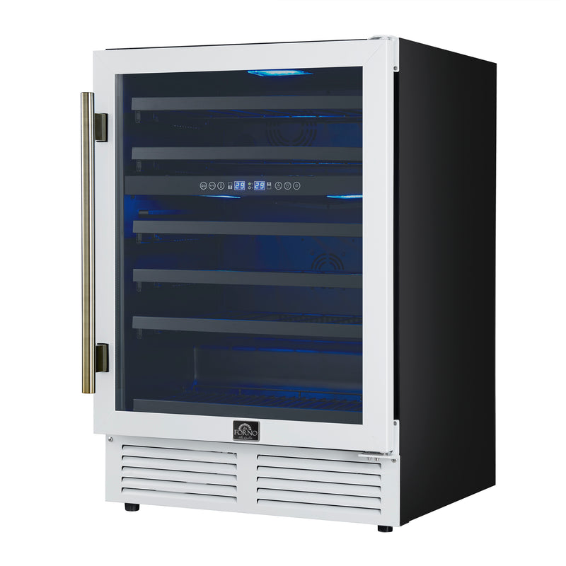 24" Forno Bacchino Wine Cooler in White with Antique Brass Handles with LED Lighting Triple Glass Door 51 Bottle Capacity Built-In or Freestanding - FWCDR6634-24WHT