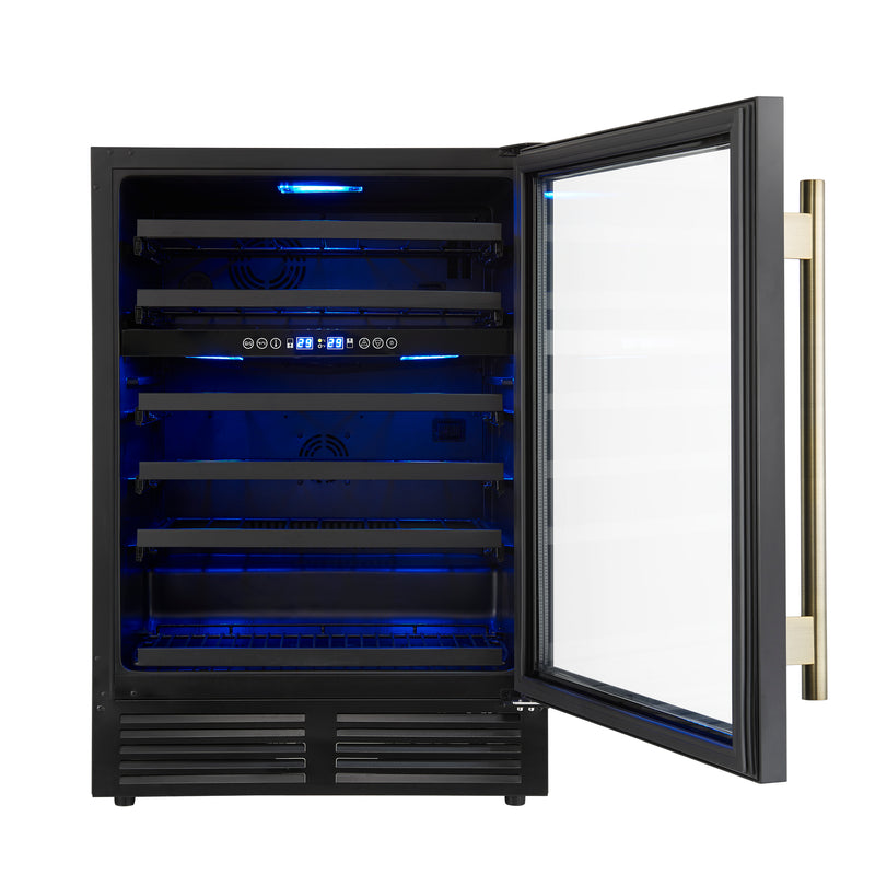 24" Forno Bacchino Wine Cooler in Black with Antique Brass Handles with LED Lighting Triple Glass Door 51 Bottle Capacity Built-In or Freestanding - FWCDR6634-24BLK