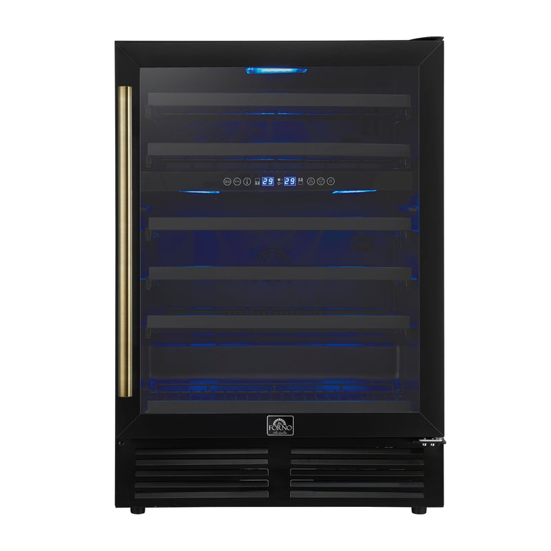 24" Forno Bacchino Wine Cooler in Black with Antique Brass Handles with LED Lighting Triple Glass Door 51 Bottle Capacity Built-In or Freestanding - FWCDR6634-24BLK