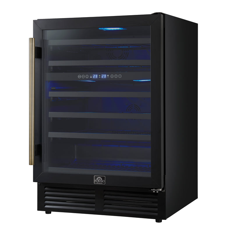 24" Forno Bacchino Wine Cooler in Black with Antique Brass Handles with LED Lighting Triple Glass Door 51 Bottle Capacity Built-In or Freestanding - FWCDR6634-24BLK