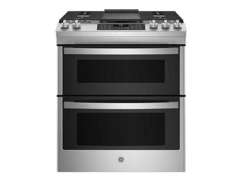 30" GE 6.7 Cu. Ft. Slide-in Front Control Gas Double Oven Range In Stainless Steel - JCGSS86SPSS