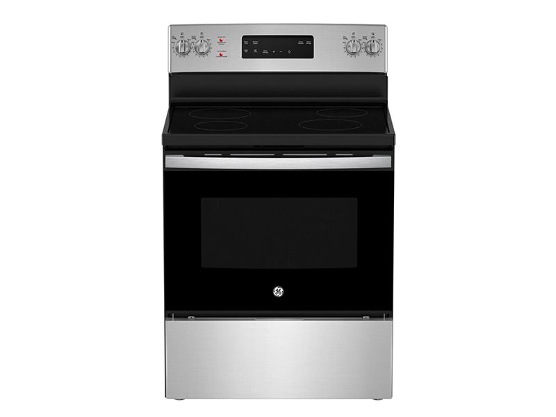 30" GE  5.0 cu. Ft. Freestanding Electric Standard Clean Range with Hi - Lo Broil Dual Bake Element and Storage Drawer - JCBS630SVSS