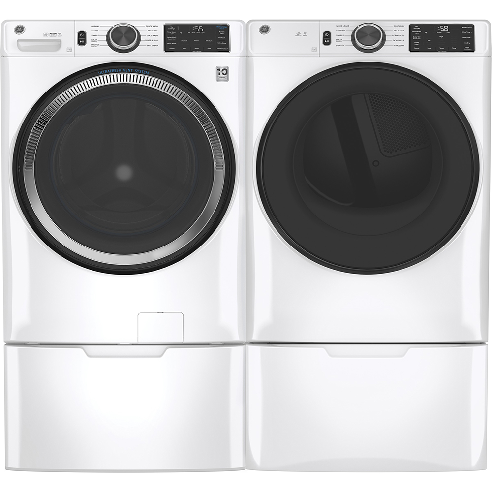 28" GE 7.8 cu. ft. Capacity Smart Front Load Gas Dryer with Sanitize Cycle - GFD55GSSNWW